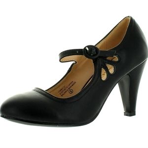 Chase & Chloe Black Kimmy-21 Women's Round Toe Pierced Mid Heel Mary Jane Style
